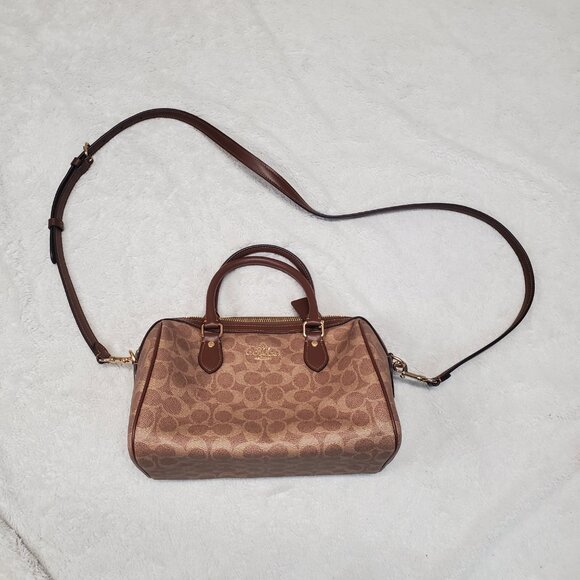 Coach Rowan Satchel Brown Cream Tan Classic Logo Canvas Shoulder Bag CV961 - Picture 6 of 14